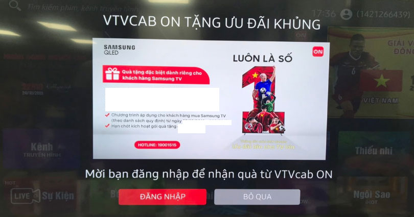 Hướng dẫn nhận khuyến mãi từ VTVcab ON trên tivi Samsung