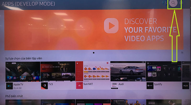Cách kích hoạt VTVcab ON trên tivi Samsung - nhấn biểu tượng tìm kiếm