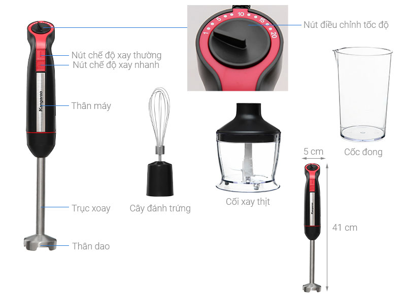 hướng dẫn sử dụng máy xay sinh tố Kangaroo - các bộ phận của máy cầm tay