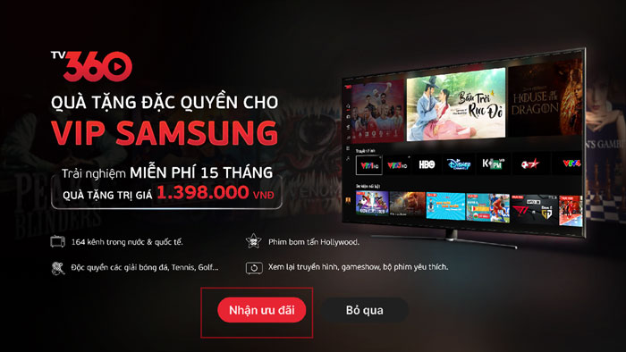 Cách kích hoạt TV360 trên tivi Samsung - chọn mục nhận ưu đãi