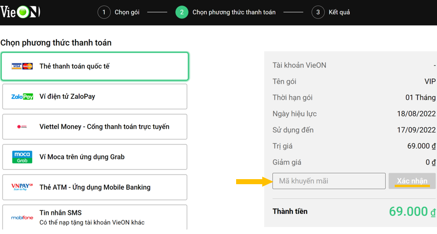 Nhập mã khuyến mãi và xác nhận