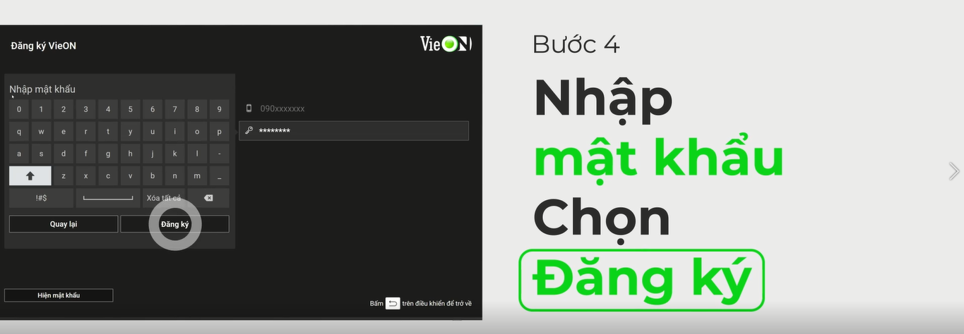 Nhập mật khẩu và bấm Đăng ký