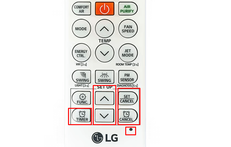 Các nút chức năng để hẹn giờ điều hòa LG