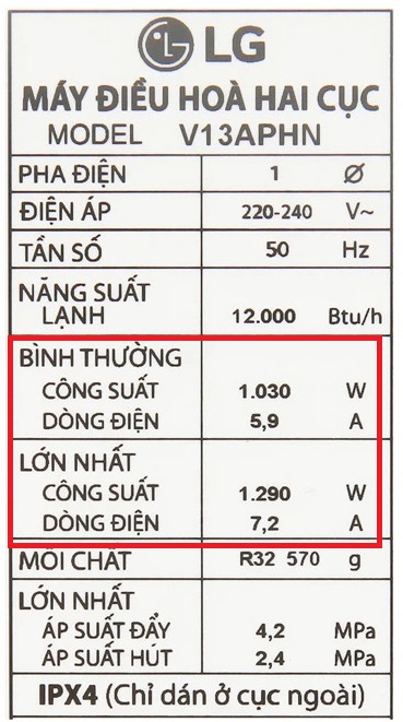 Công suất tiêu thụ điện điều hòa LG