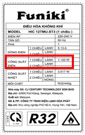 Công suất tiêu thụ điện điều hòa Funiki 12.000BTU