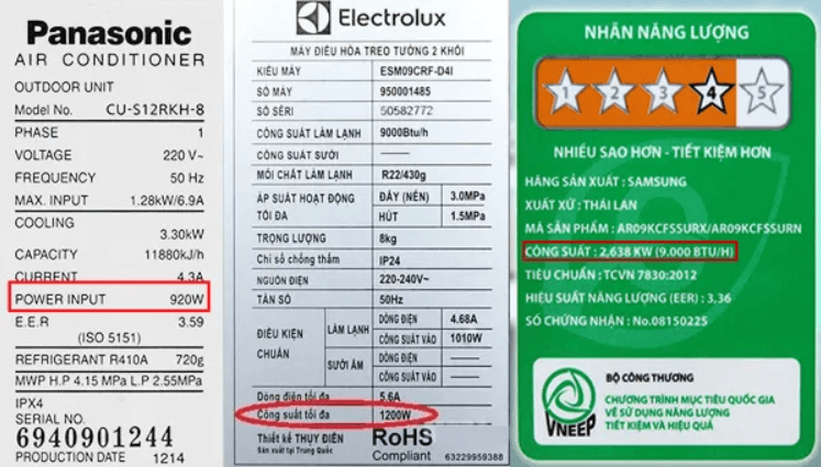 Công suất tiêu thụ điện của điều hòa thường được in trên nhãn sản phẩm