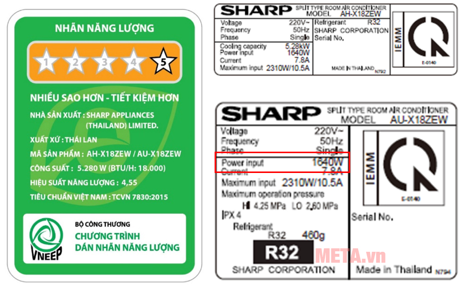 Điều hòa Sharp 18.000BTU công suất tiêu thụ điện bao nhiêu có thể xem trên nhãn đen trắng