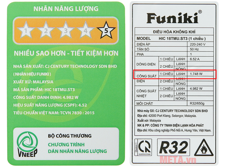 Công suất tiêu thụ điện điều hòa 18.000BTU Funiki