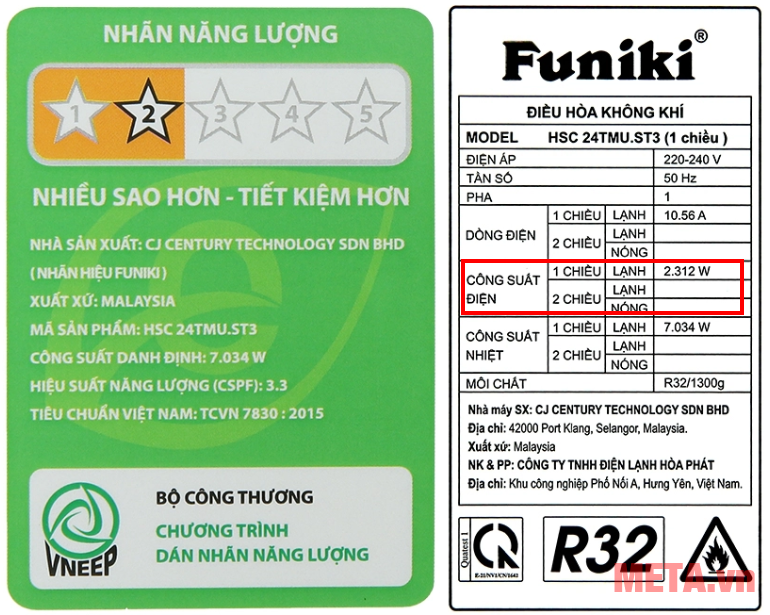 Công suất tiêu thụ điện điều hòa Funiki 24.000BTU