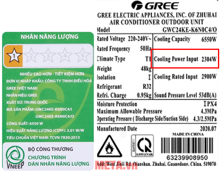Công suất tiêu thụ điện được ghi trên điều hòa Gree 24.000BTU