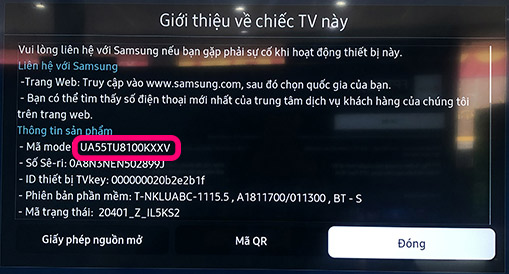 Tìm mã tivi Samsung từ cài đặt