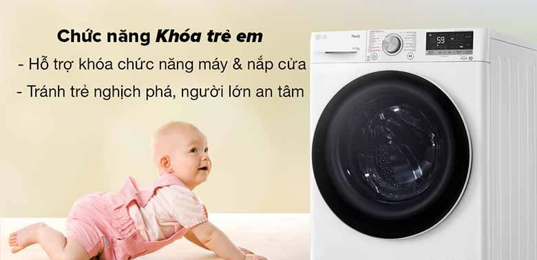 Chế độ khóa trẻ em đầy tiện ích trên máy giặt sấy LG