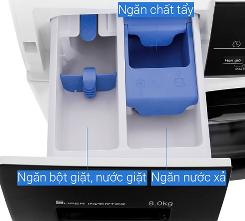 Vị trí ngăn bột giặt/nước giặt, nước xả vải của máy giặt AQUA cửa trước