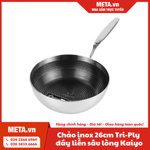 Chảo inox chống dính hoa văn nổi Tri-Ply đáy liền sâu lòng Kaiyo 26cm