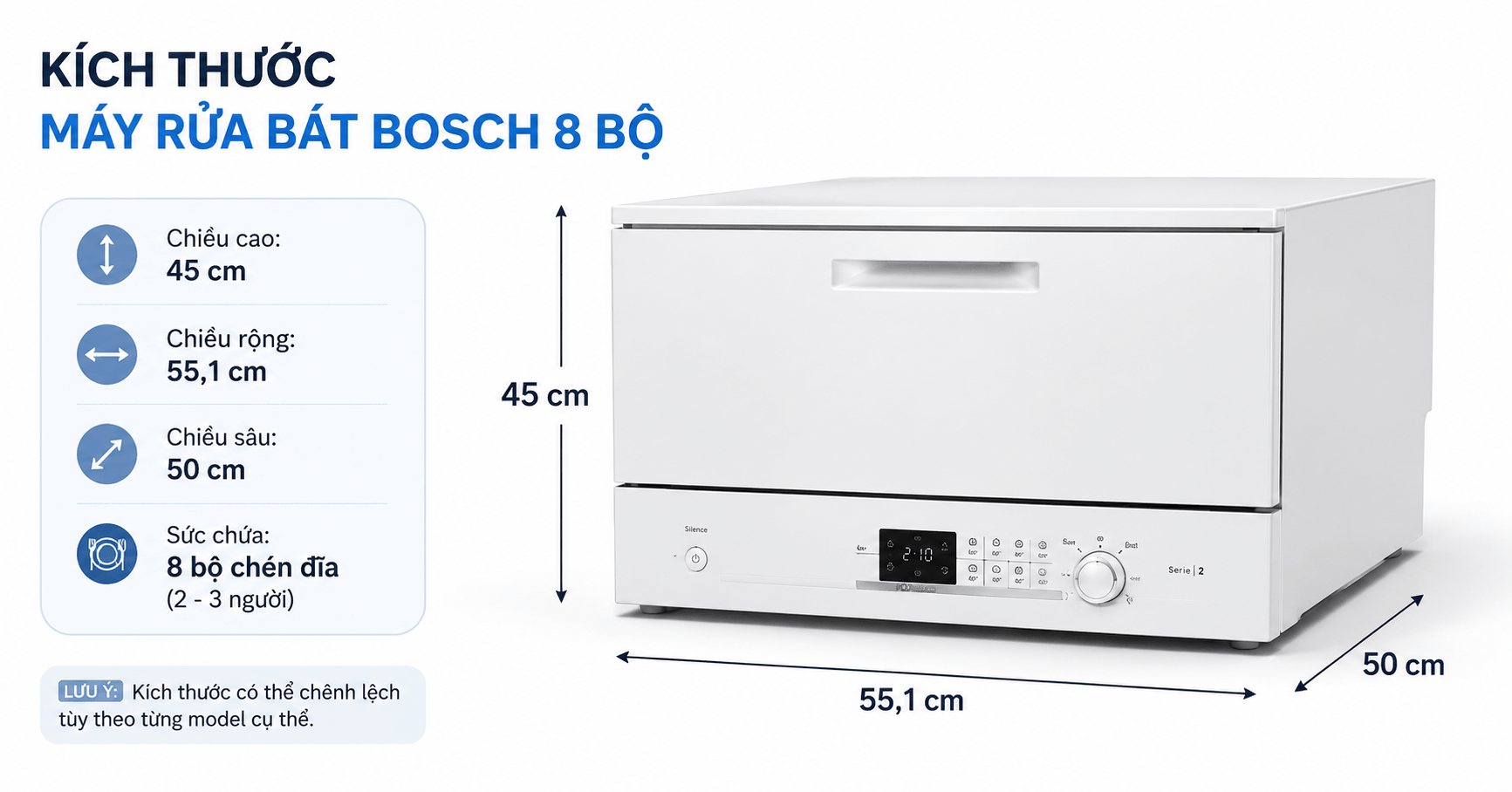 Kích thước máy rửa bát Bosch 8 bộ