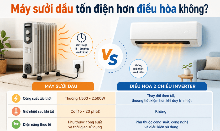 Máy sưởi dầu tốn điện hơn điều hòa không?