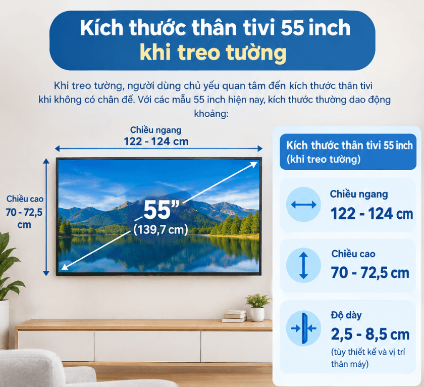 Kích thước ngang x cao x dày của tivi 55 inch treo tường
