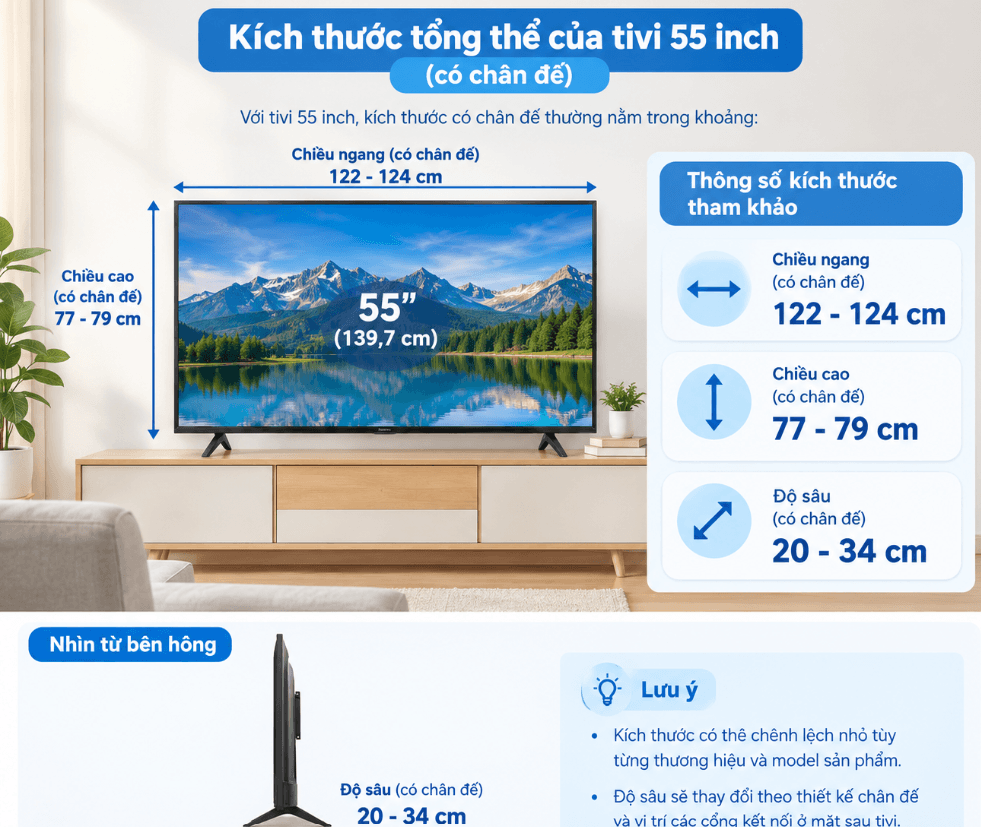 Kích thước tivi 55 inch có chân đế