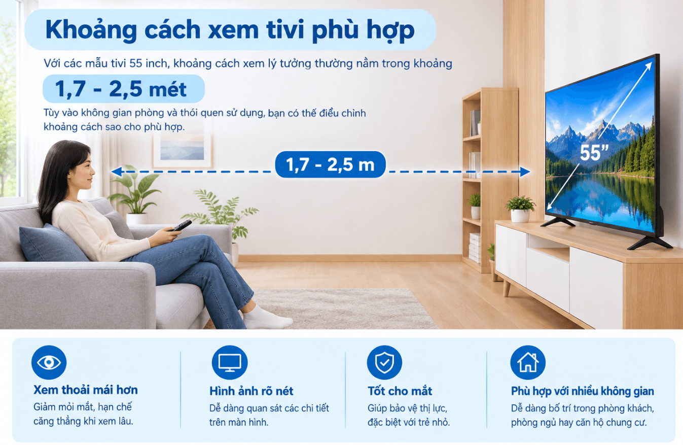Khoảng cách thích hợp xem tivi 55 inch