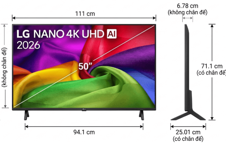 Kích thước Smart tivi LG Nano 4K UHD AI 50 inch 50NU805BPSC