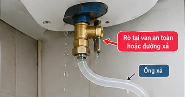 Bình nóng lạnh bị rò ở van an toàn hoặc khu vực đường xả