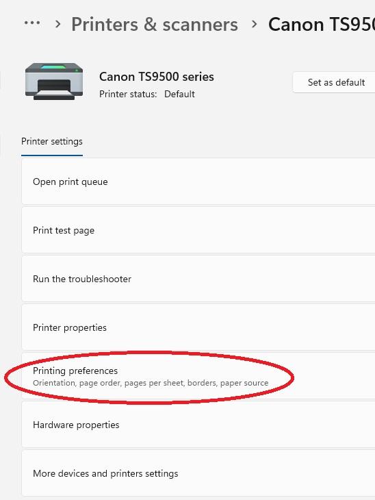 Trong cửa sổ Printing Preferences, tìm các mục liên quan đến độ đậm