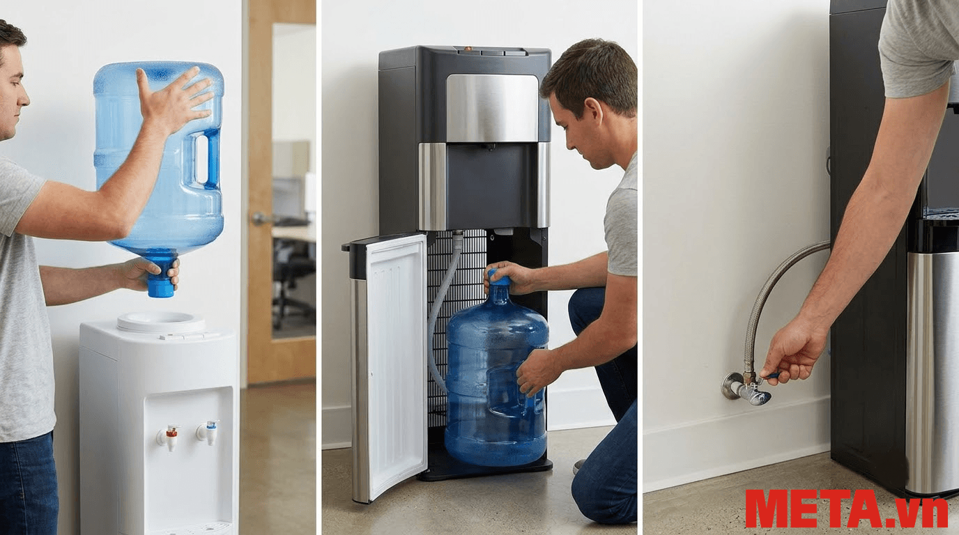 Tháo bình cấp nước trước khi vệ sinh cây nước nóng lạnh