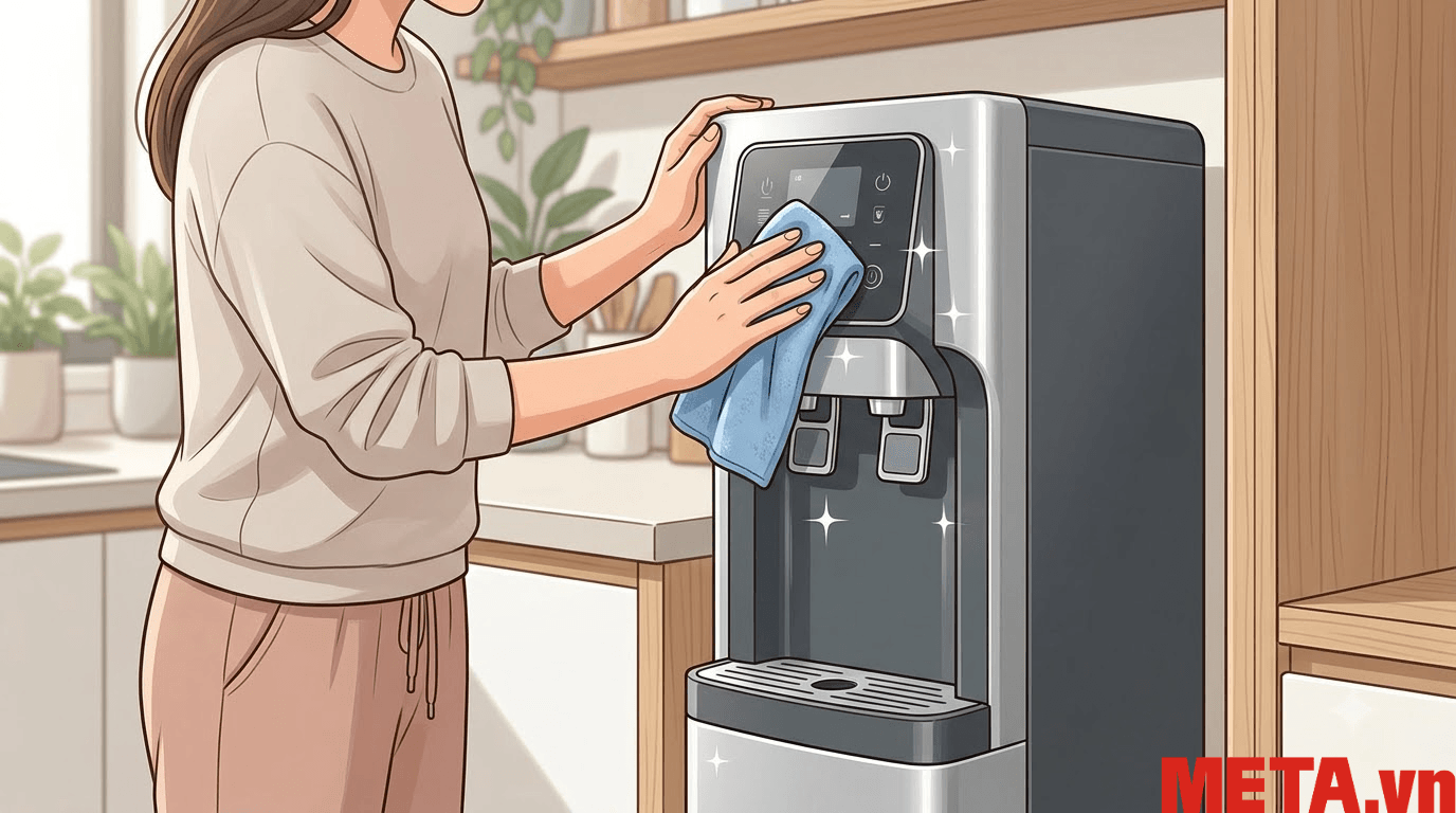 Dùng khăn mềm lau vỏ ngoài cây nước nóng lạnh